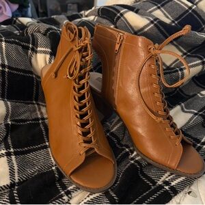 Forever 21 Tan Lace-Up Peep Toe Boots